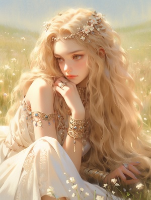 A beautiful girl with long blonde hair,wearing gold jewelry and a white off-the-shoulder dress in the style of an oil painting, sitting on grass under a blue sky, with flowers blooming around her, soft lighting, and soft shadows. The golden necklace is adorned with exquisite gems, adding to its opulence. in the style of Zhang Jingna, Strong oil painting style,charming anime characters, RTX on, colorful costumes, detailed facial features. ar 3:4 s 1000 -niji 6