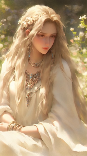 A beautiful girl with long blonde hair,wearing gold jewelry and a white off-the-shoulder dress in the style of an oil painting, sitting on grass under a blue sky, with flowers blooming around her, soft lighting, and soft shadows. The golden necklace is adorned with exquisite gems, adding to its opulence. in the style of Zhang Jingna, Strong oil painting style,charming anime characters, RTX on, colorful costumes, detailed facial features. ar 9:16s 1000 -niji 6