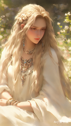 A Beautiful Girl in White Dress with Gold Jewelry Under Blue Sky