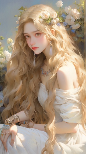 A beautiful girl with long blonde hair,wearing gold jewelry and a white off-the-shoulder dress in the style of an oil painting, sitting on grass under a blue sky, with flowers blooming around her, soft lighting, and soft shadows. The golden necklace is adorned with exquisite gems, adding to its opulence. in the style of Zhang Jingna, Strong oil painting style,charming anime characters, RTX on, colorful costumes, detailed facial features. ar 9:16s 1000 -niji 6