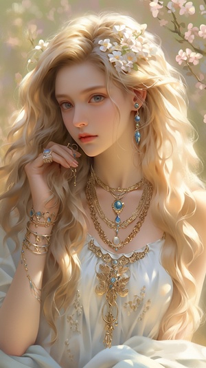 A beautiful girl with long blonde hair,wearing gold jewelry and a white off-the-shoulder dress in the style of an oil painting, sitting on grass under a blue sky, with flowers blooming around her, soft lighting, and soft shadows. The golden necklace is adorned with exquisite gems, adding to its opulence. in the style of Zhang Jingna, Strong oil painting style,charming anime characters, RTX on, colorful costumes, detailed facial features. ar 9:16s 1000 -niji 6