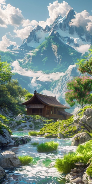 山水如画的美，白云飘逸，阳光洒向山间，泉水流敞，绝美的风景，草屋伫立，旅游的好地方。宫崎骏风