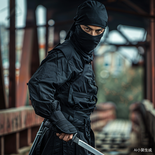 青年男性忍者在桥上手持钢刀的独特侧脸表现