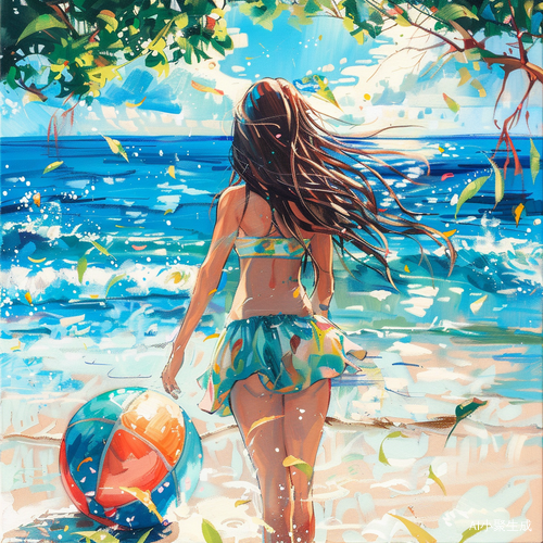 阳光下女孩与沙滩球的清新夏日场景