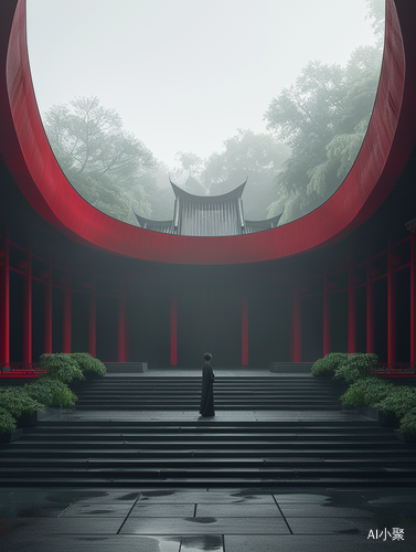 Futuristic Minimalist Temple with Hanfu Man in Surreal Atmosphere