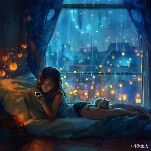 温馨女孩卧室里的雨夜天空与猫咪陪伴