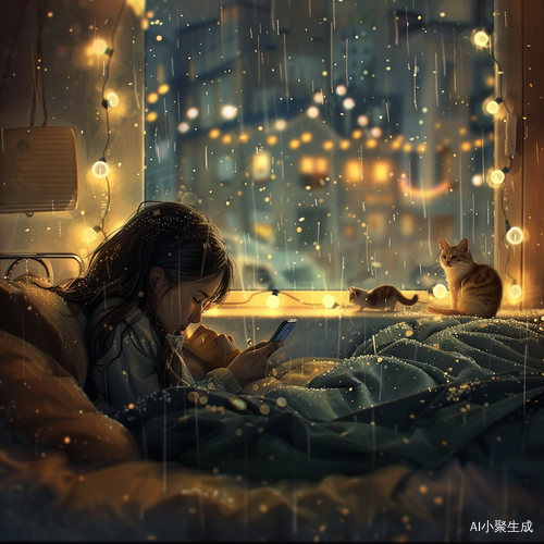 温馨卧室里的女孩与小猫咪和星光雨夜