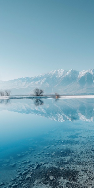 imagine prompt: A salt lake with the water in a clear blue color and the mountains in gray, with some scattered small trees and a white snow cover on the top of the mountains. In the style of Makoto Shinkai. Shot with a Panasonic GH5, aperture f7, ISO 100, shutter speed 1125 sec. Soft and dreamy light, cool tone ar 16:9 s 600 v 5 q 2