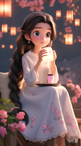 Cute Cartoon Girl in Hanfu Smiling with Coffee Under Starry Sky