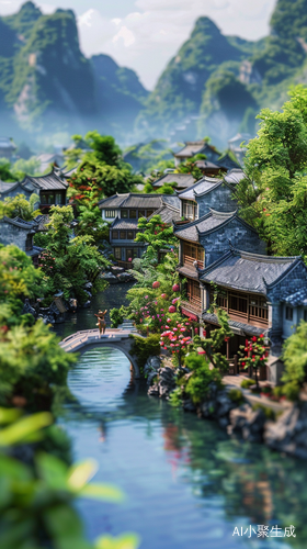 徽派建筑风格小镇的山水与石拱桥
