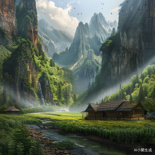 梦幻山谷中的小木屋和溪流阳光洒下的治愈系景象