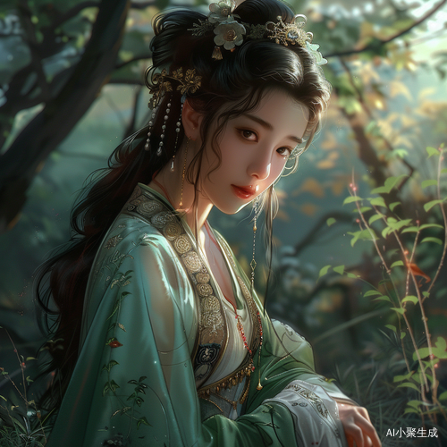 中国古代美女在森林中的优雅风姿