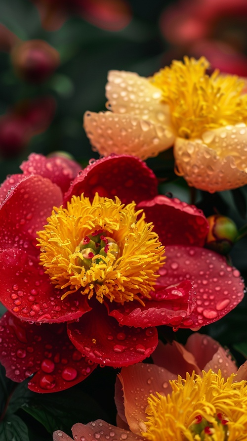 红色黄色的牡丹花 花上沾满了露珠 真实红色黄色的牡丹花 花上沾满了露珠 中距离拍摄 真实 4k