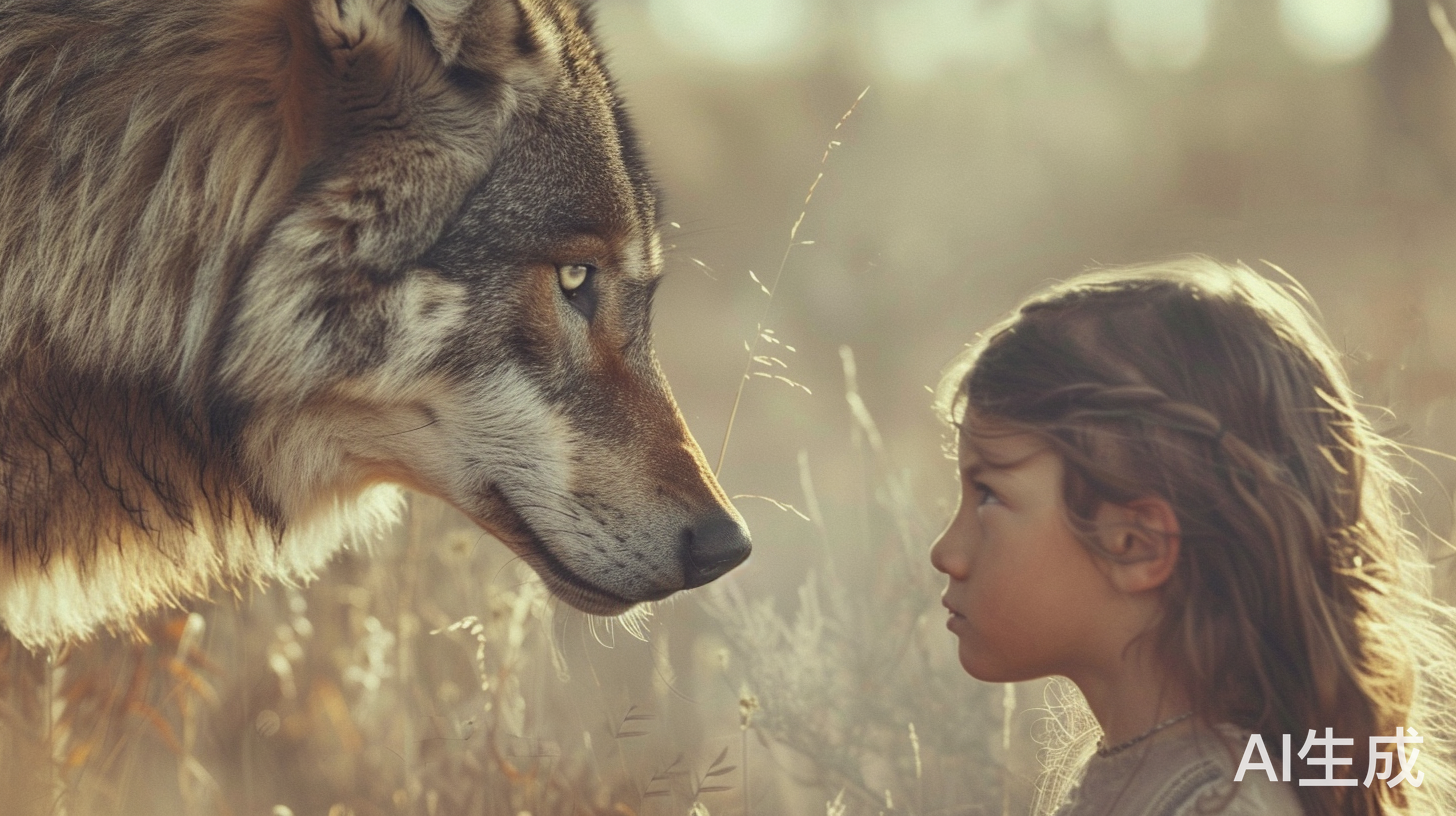草原上温柔狼与小孩的慈爱对视