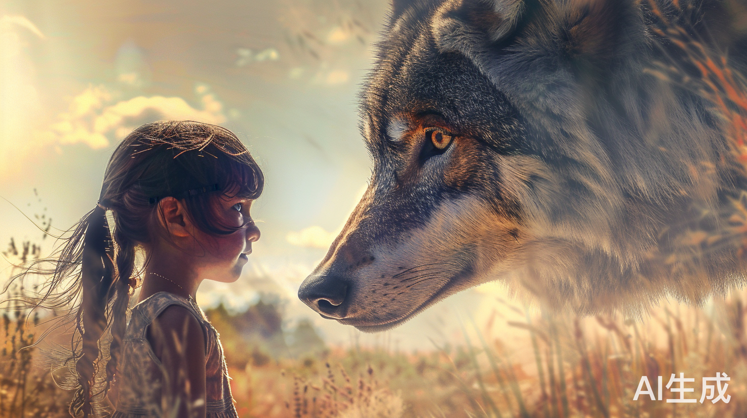 草原上温柔狼与小孩的慈爱对视