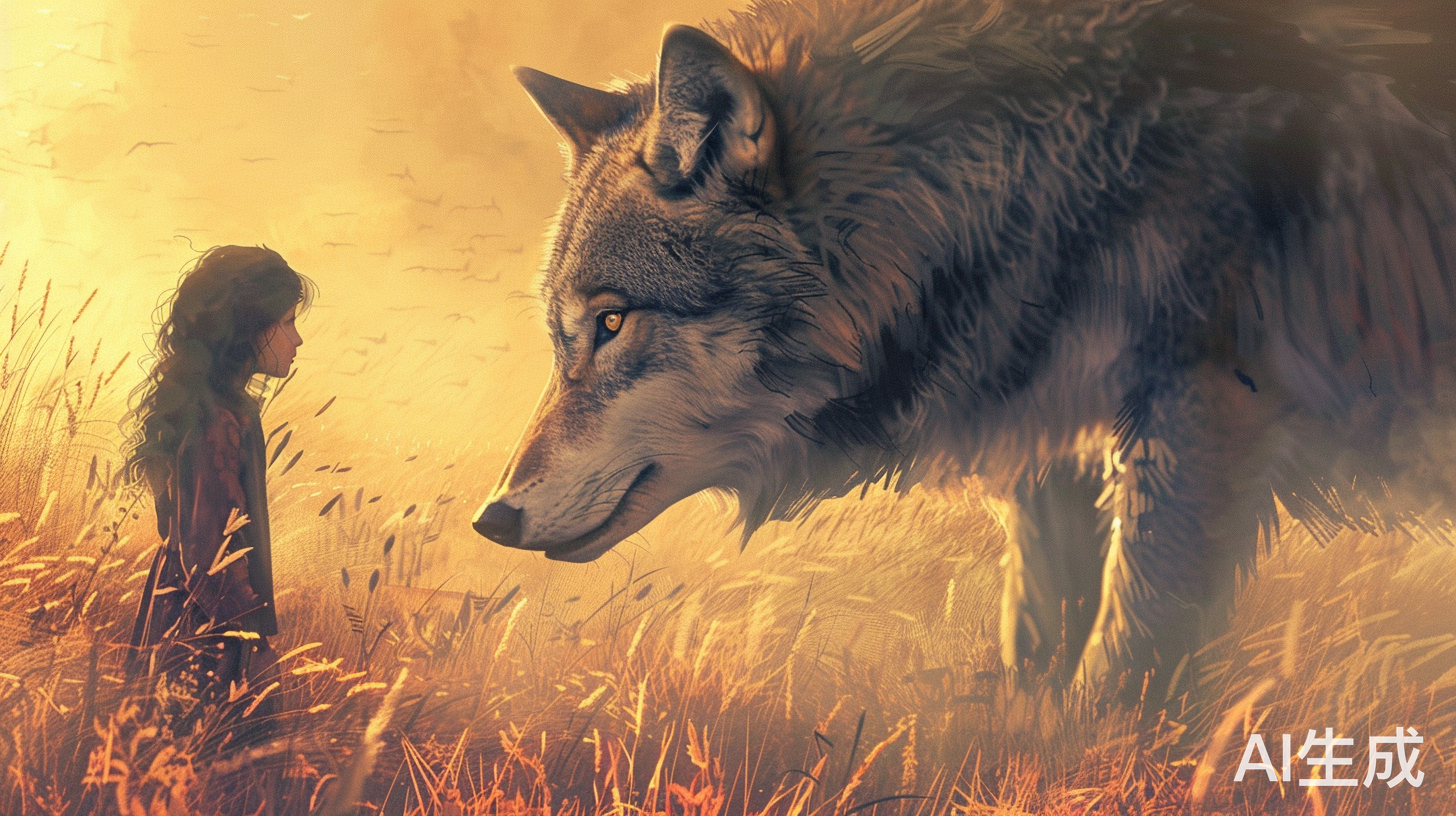 草原上温柔狼与小孩的慈爱对视