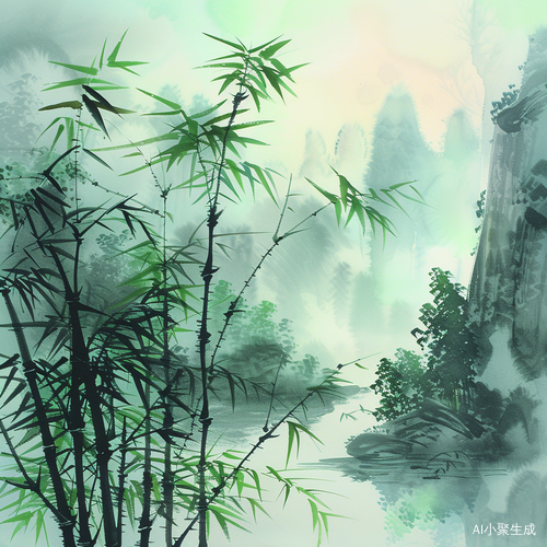 治愈系中国风水墨画雨中竹林