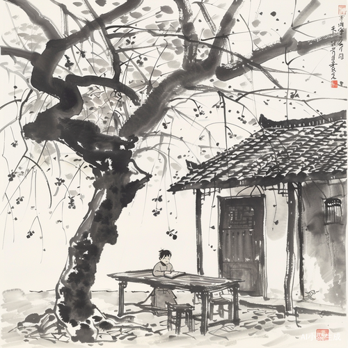 水墨画中的老木屋与红枣树下的小孩学习场景
