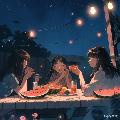 夏日夜晚三个女孩在屋顶畅想未来