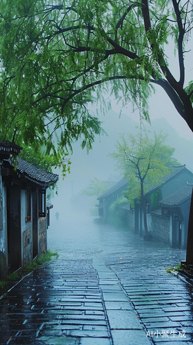 烟雨朦胧中的杨柳与宁静街道