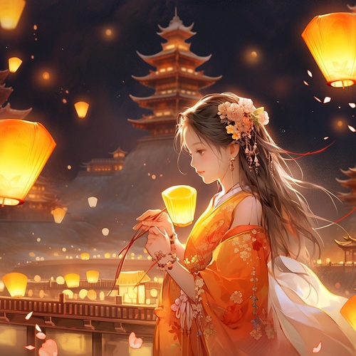 Mid-Autumn Festival, moon, a cute and beautiful girl in Chinese Hanfu is releasing Kongming lanterns, with houses and Kongming lanterns in the background, illustration design, Cheng Yanjun style, light bronze and light amber, children's book illustration, glowing sky, high resolution, 64K HD ar 3:4