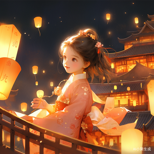 Mid-Autumn Festival Illustration of Girl in Hanfu Releasing Kongming Lanterns