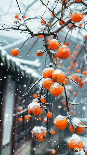 江南小镇雪中柿子树与白雪的摄影美景