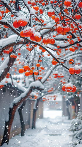 江南小镇雪中柿子树与白雪的摄影美景