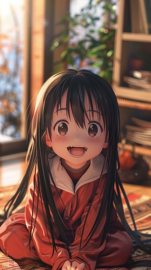 Anime style, a cute three year old girl with long black hair, brown eyes, wearing cute clothes, laughing, with an anime style background in the studio, adding to its overall visual appeal. The key is the cute face of the girl, blurred background, 8K, perfect details ar 3:4 style raw stylize 180 niji 6