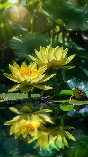 莲池中，两朵並蒂而生的黄色睡莲，花瓣在阳光下晶莹剔透，水里呈现清晰的倒影。荷叶上有一只青蛙。高分辨率，超高清摄影作品。