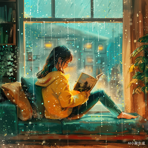 女孩在细雨中沙发上阅读书籍的温馨插画