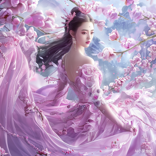 华丽粉色公主裙配珠宝翅膀和花朵装饰