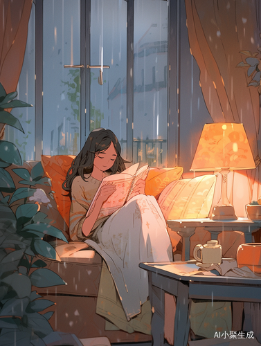 女孩在细雨中沙发上阅读书籍的温馨插画