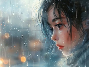 窗边的美少女，望着窗外细雨纷飞的景象，窗玻璃上挂着水珠，朦胧的背景中透出几缕柔和的阳光，雨声轻轻敲打着窗台，少女的眼神中透着一丝思念与忧郁。