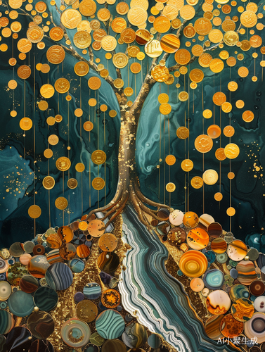 金币与金丝雨下五彩玛瑙河和黄金树