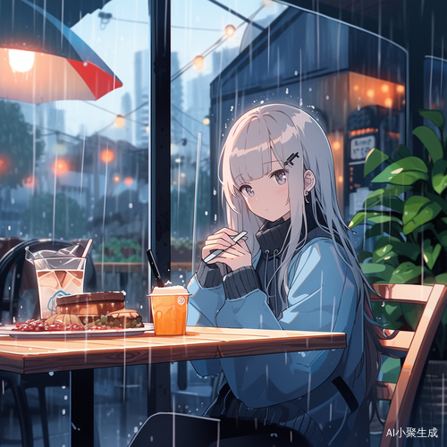 咖啡馆内女孩微笑赏雨的休闲彩色时光