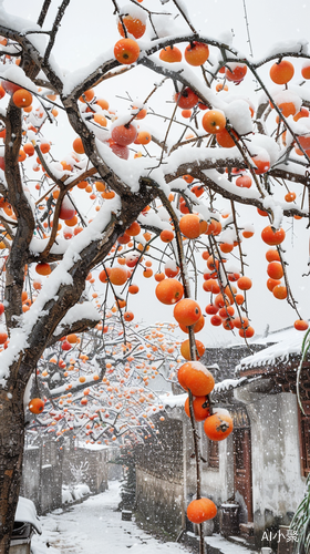 江南小镇雪中柿子树与白雪交融的摄影风景