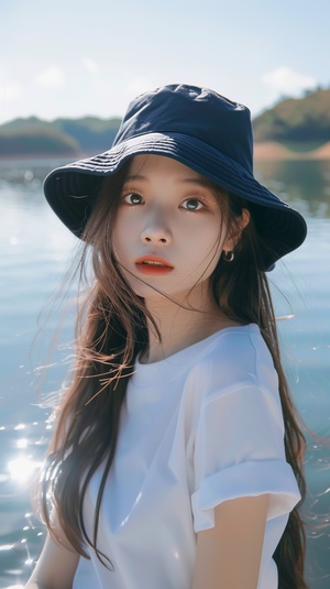 4️⃣ A cute photo of an Asian girl taking a selfie by the lake, wearing a white T-shirt with a big round neck and sleeves, and a navy blue bucket hat, with long straight hair loose, black eyes, plump lips, light makeup, a full body shot, real skin texture, a natural expression, a clear sky background, bright sunshine, light reflection on her face. The overall atmosphere is relaxed and joyful. in the style of . ar 73:120