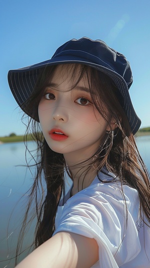 4️⃣ A cute photo of an Asian girl taking a selfie by the lake, wearing a white T-shirt with a big round neck and sleeves, and a navy blue bucket hat, with long straight hair loose, black eyes, plump lips, light makeup, a full body shot, real skin texture, a natural expression, a clear sky background, bright sunshine, light reflection on her face. The overall atmosphere is relaxed and joyful. in the style of . ar 73:120