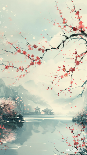 三维古风美景杏花绽放江水悠悠