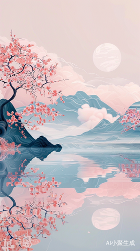 三维古风美景杏花绽放江水悠悠