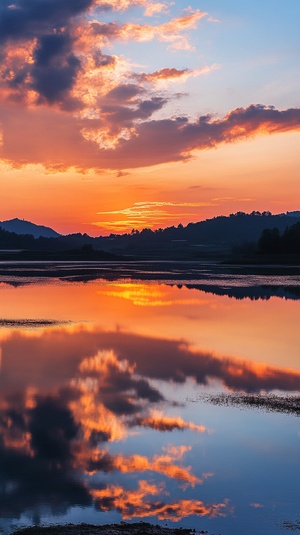 夕阳下的公路与湖面傍晚云彩的美景