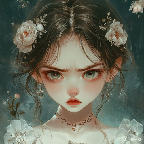 生气Q版女生带爱心发夹的小花背景