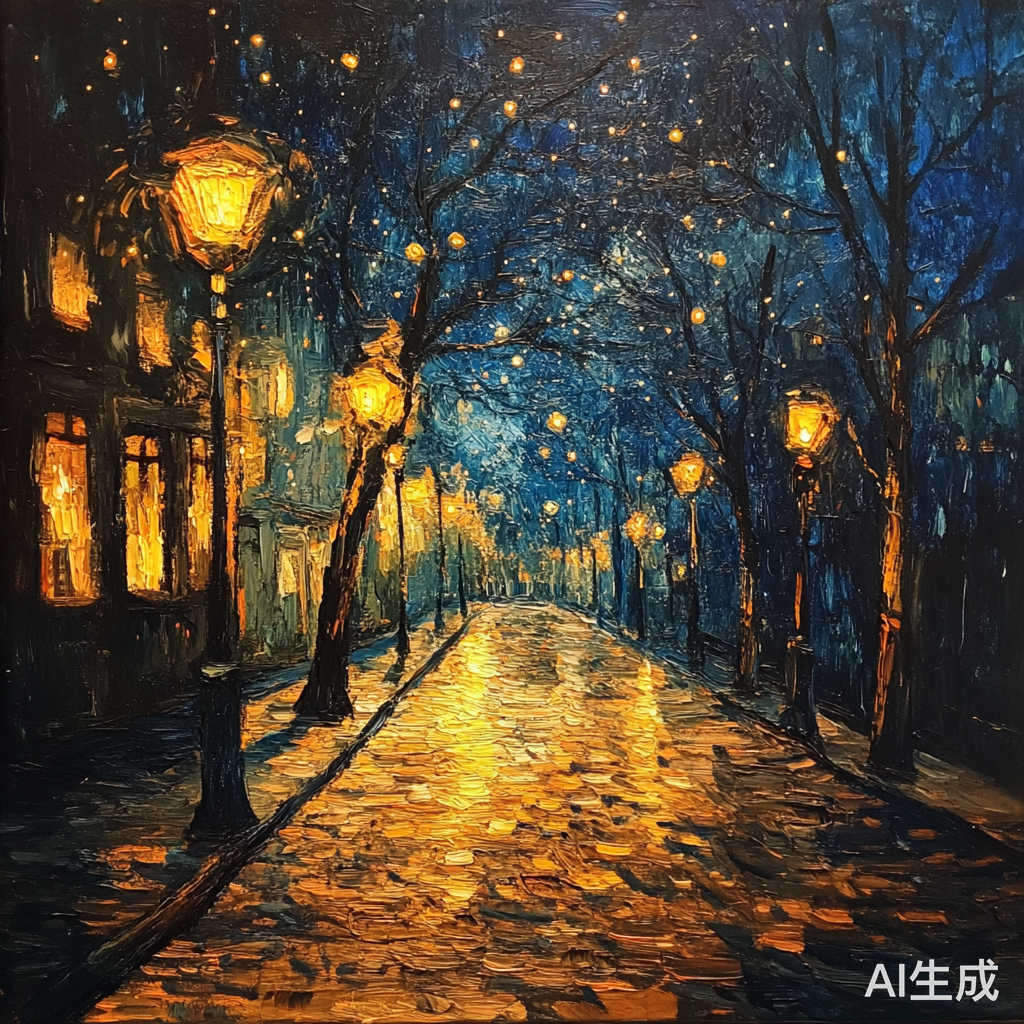 静谧街道星空下的萤火虫舞动