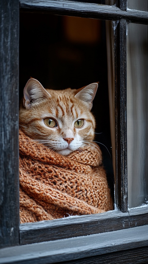 There is a cat in the window, wrapped in wool, fine details, realistic, best quality, ambient lighting, high detail, professional photographer lens, Nikon D6, cinematographer Dan Winters, pinnacle of photographic skills, cinematography style, masterpiece，ar9∶16，v6