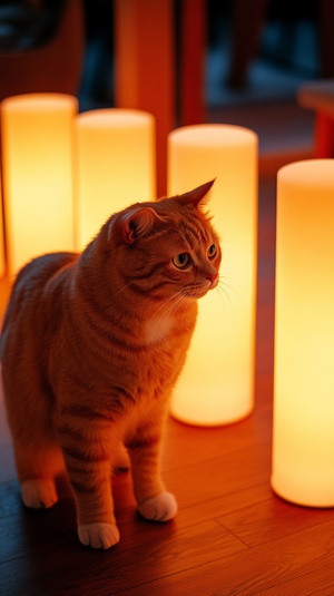 An orange cat stands on the floor, surrounded by multiple decorative balls that glow yellow. The cat looked curious and seemed to be studying these decorative balls. The decorative balls on the floor are arranged in such a way that it looks like a line, and they emit a soft light. This cat's attention is entirely focused on the decorative balls, creating a warm and vibrant atmosphere. Works of professional photographers, Canon EOS, Portra800 film, photographer Dan · Winters, SLR lenses, best quality, ar