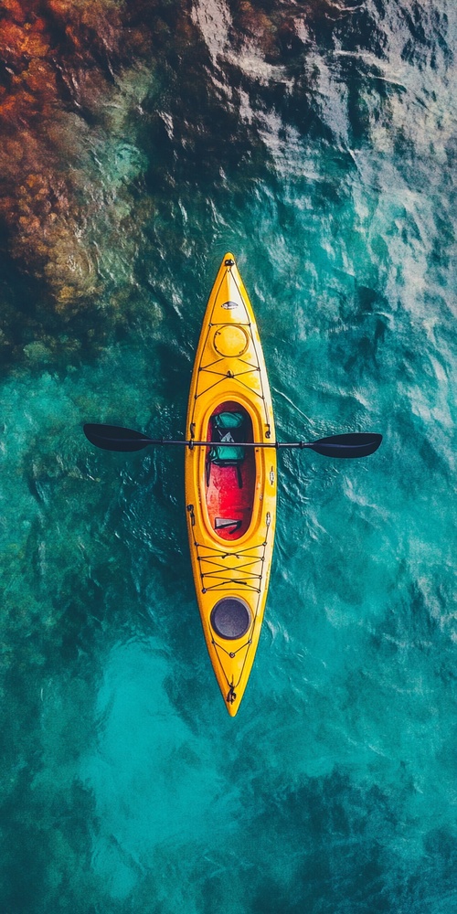 a kayak in the water, in the style ofoptical color mixing, aerial view, rainbowcore, national geographic photo, 8k resolution, crayon art, interactive artwork