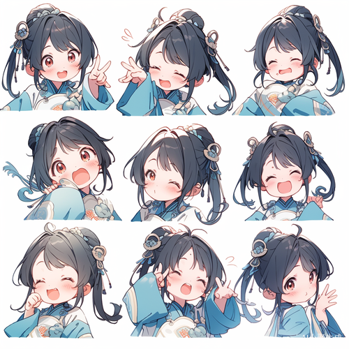 小女孩青色汉服古典精致线条艺术贴纸