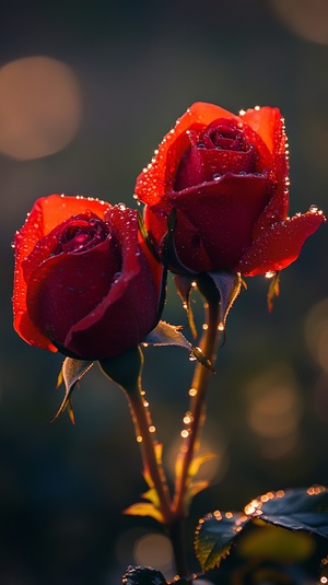 Morning Dew on Vibrant Red Roses in a Serene Garden