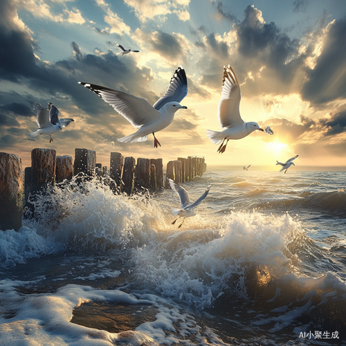 海鸥飞翔在暴风雨天空下的戏剧性场景
